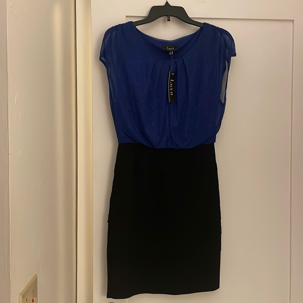 Lux II black and royal blue mini dress size 6. NWT.
